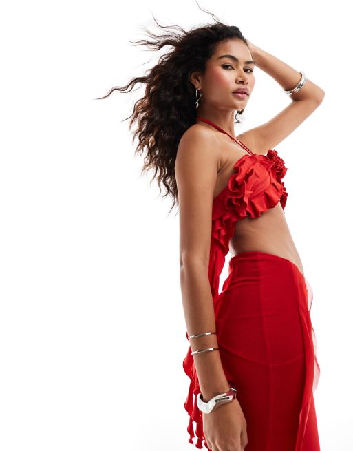 The Kript halter neck frill detail rose top in red (part of a set)