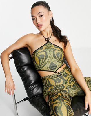 The Kript halter neck mini crop top in retro print with ring detail co-ord