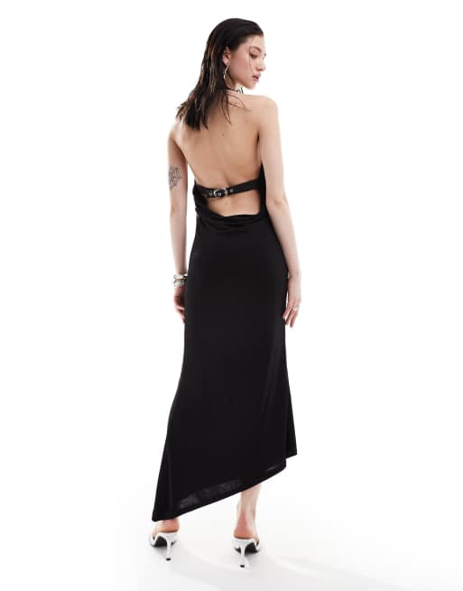 The Kript halter neck Y2K maxi dress with faux leather strap | ASOS