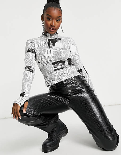 Tops Shirts & Blouses/The Kript high neck top in all over newspaper print 