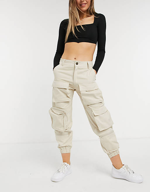 The Kript high waisted relaxed cargo trousers in stone | ASOS