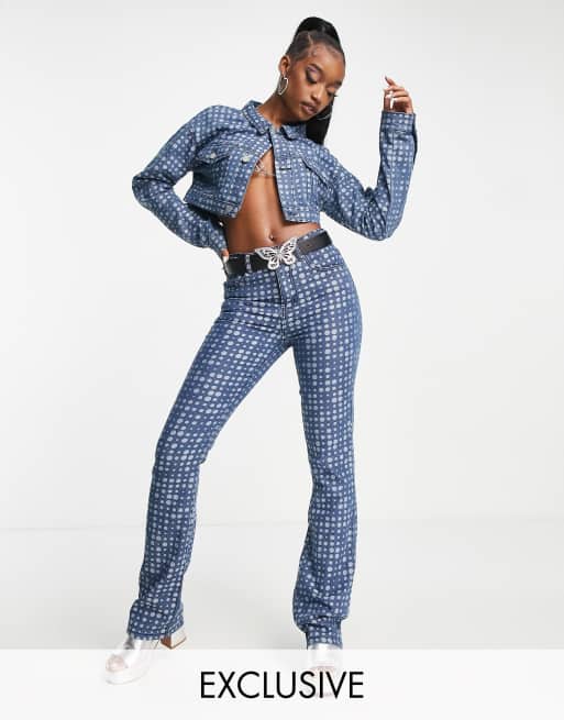 The Kript high waisted skinny flare jeans in warped spot denim (part of a set)