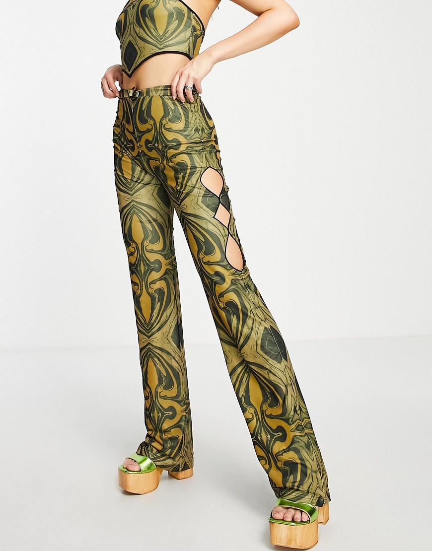 The Kript high waisted slim fit trousers in retro print with ring detail co-ord-Multi