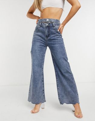 The Kript – Jeans mit weitem Bein und doppeltem Taillenbund mit Vintage-Waschung-Blau