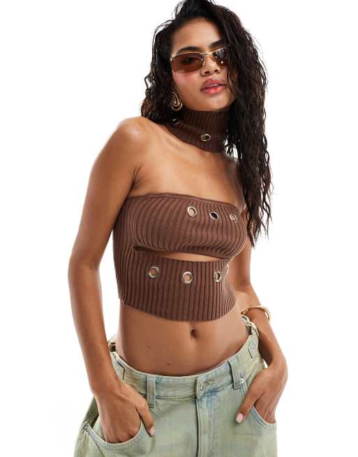The Kript knitted cut out top with eyelet detail in brown