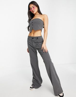 The Kript low rise slim flare 90s trousers in grey pinstripe co-ord