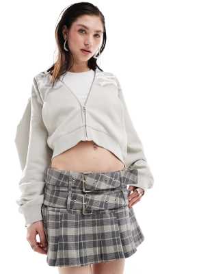 The Kript micro mini pleated skirt with double belt in check-Multi