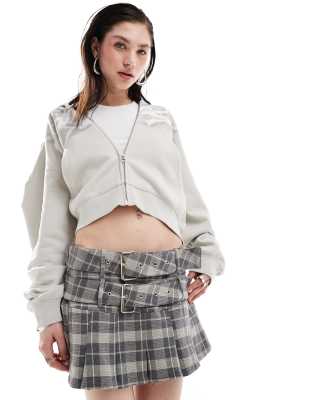micro mini pleated skirt with double belt in plaid-Multi