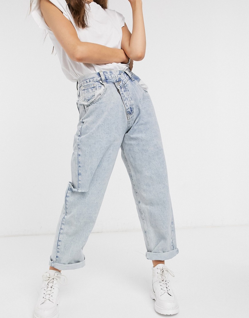 The Kript - Mom jeans in vintage stijl met slijtage en overslag in de taille-Blauw