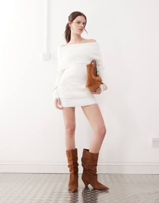 The Kript Off-shoulder Mini Dress With Faux Fur Cuffs And Fold Over