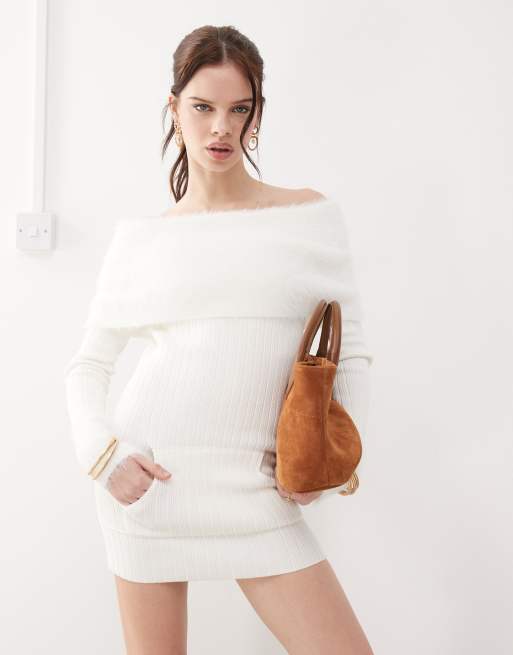 The Kript off-shoulder mini dress with faux fur cuffs and fold