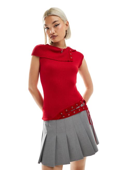 The Kript off shoulder sleeveless knitted 90s top in red