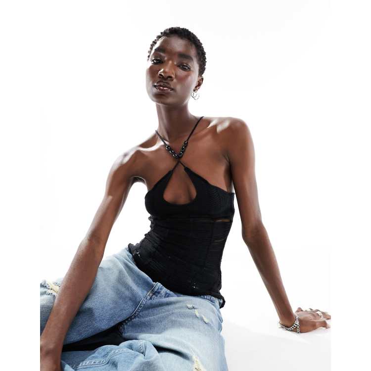 The Kript open knit halter neck top with bead detail in black | ASOS