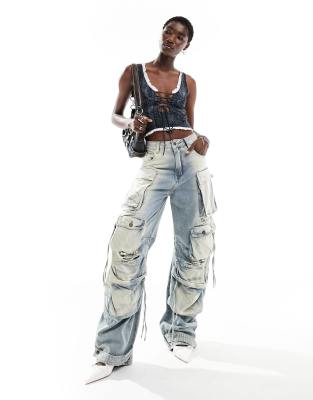 The Kript Low Waist Baggy Denim Cargo Pants - Blue