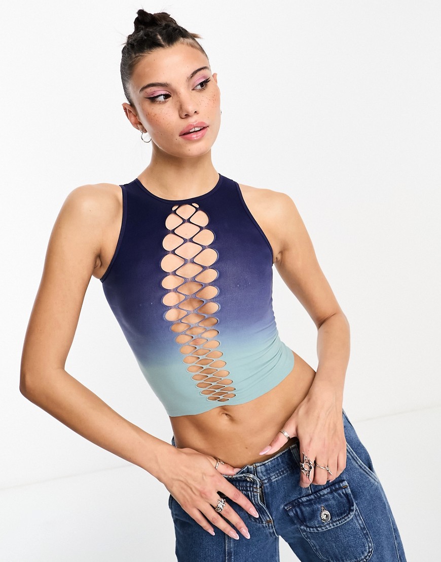 The Kript seamless lattice front tank top in blue ombre