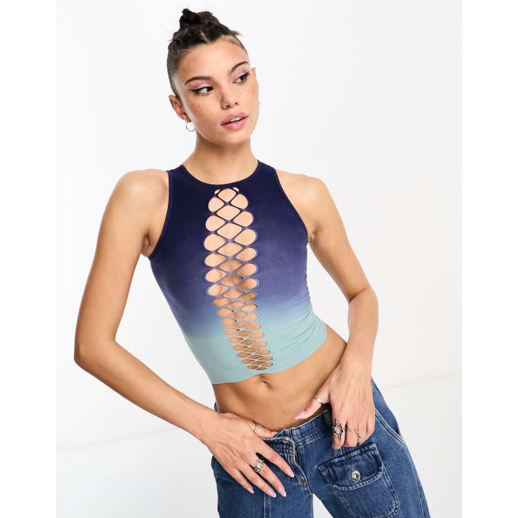 The Kript seamless lattice front tank top in blue ombre