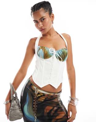 The Kript Seraph halterneck corset top with marble print cups in white co-ord