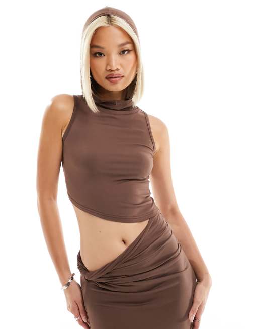 The Kript slinky asymmetric hooded crop top in brown (part of a set)