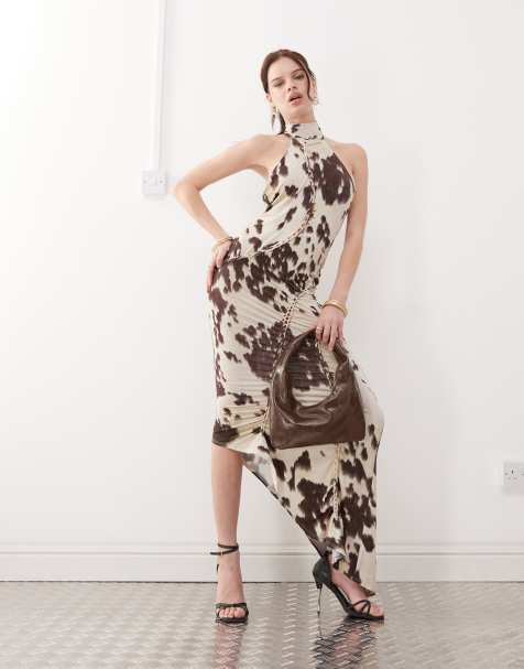 The Kript slinky high neck asymmetric maxi dress in cow print - view 1