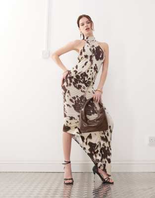 the kript slinky high neck asymmetric maxi dress in cow print