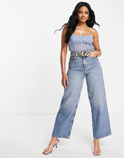 Tops The Kript strappy crop top with ruching detail in dusty blue 