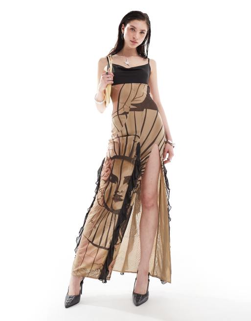 The Kript strappy illusion print maxi dress with thigh split