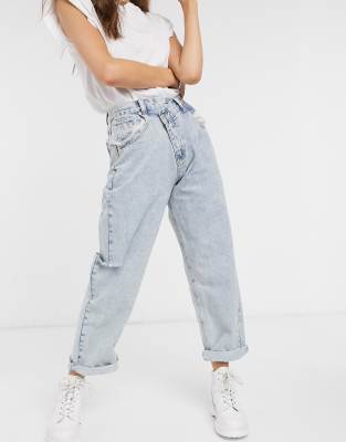 The Kript vintage style mom jeans with distressing and cross over waist detail-Blue