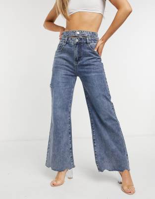 The Kript wide leg jeans with double waist band in vintage wash-Blue