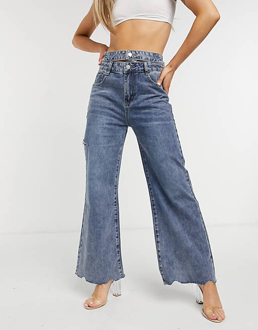  The Kript wide leg jeans with double waist band in vintage wash 