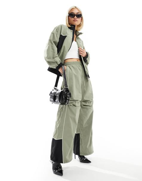The Kript wide leg tech trousers with contrast detail co-ord in sage and black - view 1