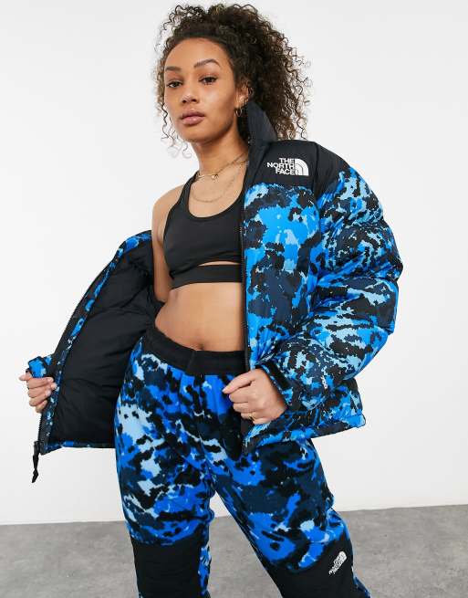 Blue camo north face jacket discount