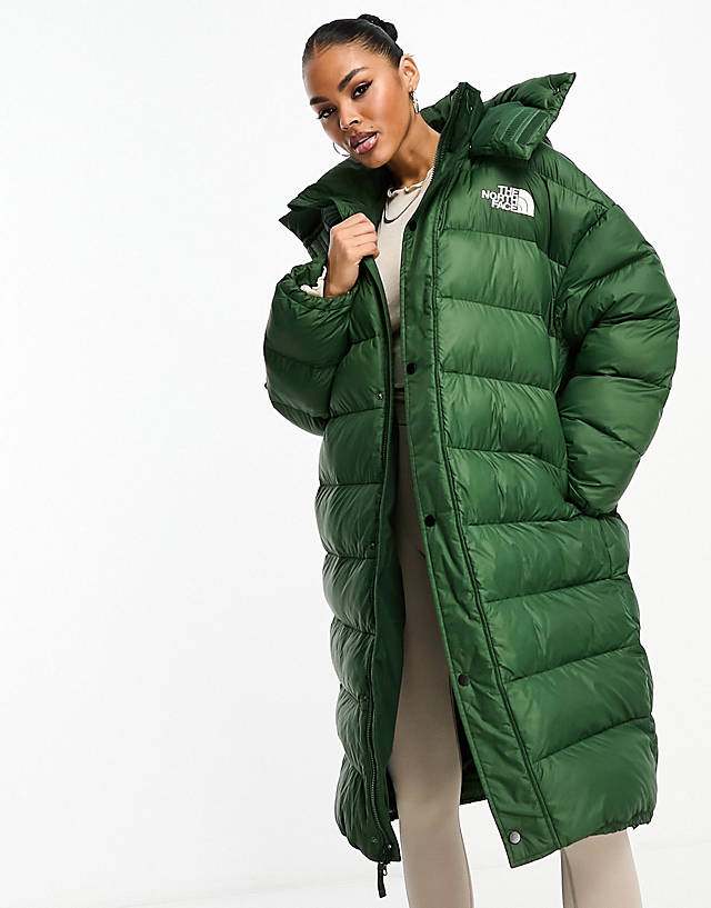 The North Face - acamarachi oversized long puffer coat in dark green exclusive at asos
