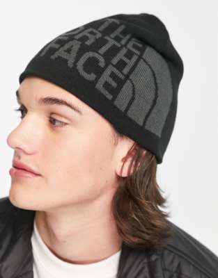 The North Face Banner reversible beanie in dark grey and black