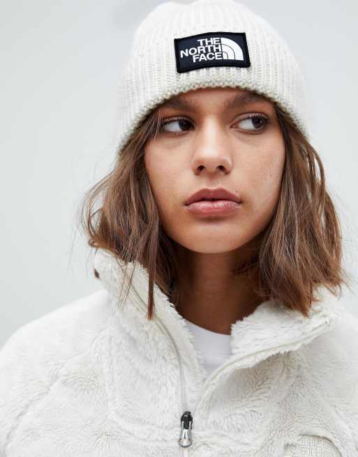 The North Face Beanie met rand en logovlak in wit