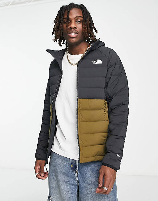 The North Face Belleview stretch down hooded puffer in black and khaki ...