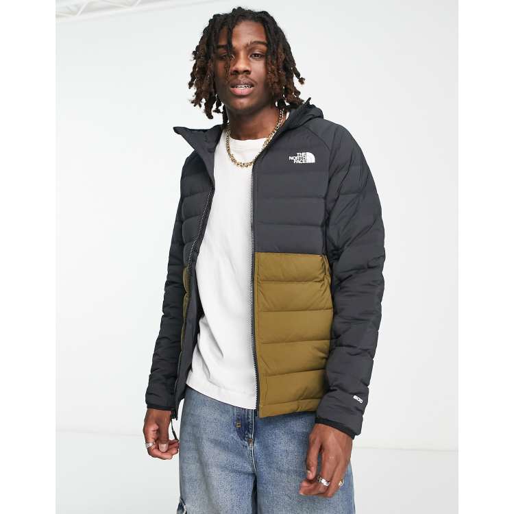The North Face Belleview stretch down hooded puffer jacket in black and  khaki | ASOS