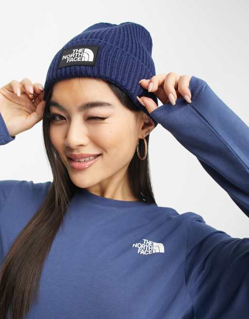 The North Face Berretto blu navy con risvolto con logo TFN su