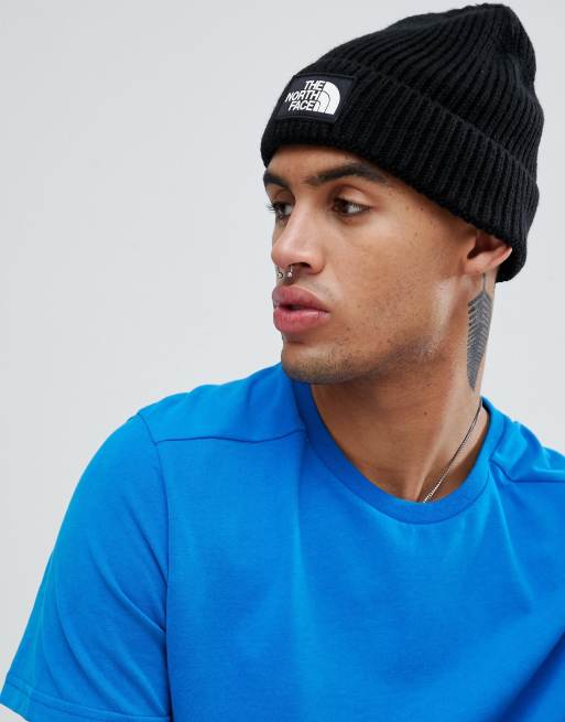 The North Face - Berretto nero con risvolto e logo a rettangolo