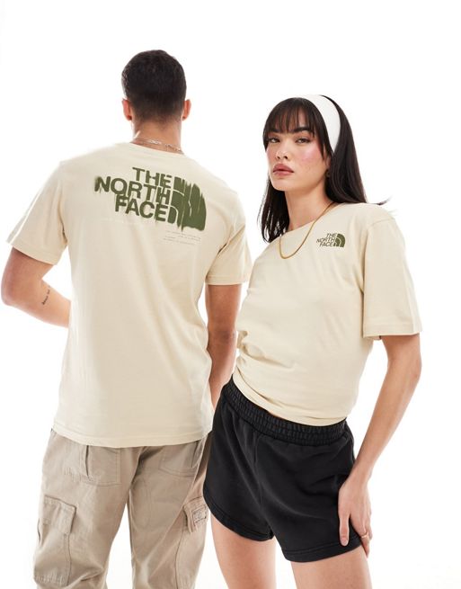 The North Face – Beżowy T-shirt Neck z nadrukiem na plecach