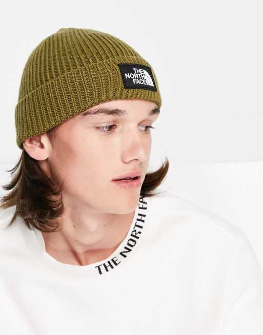 The North Face Box logo cuffed beanie in khaki | ASOS