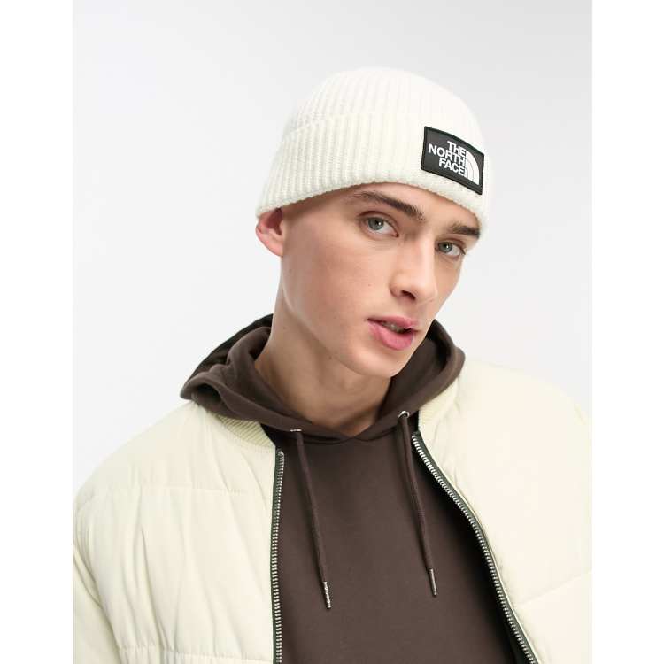 The North Face Box logo cuffed beanie in off white