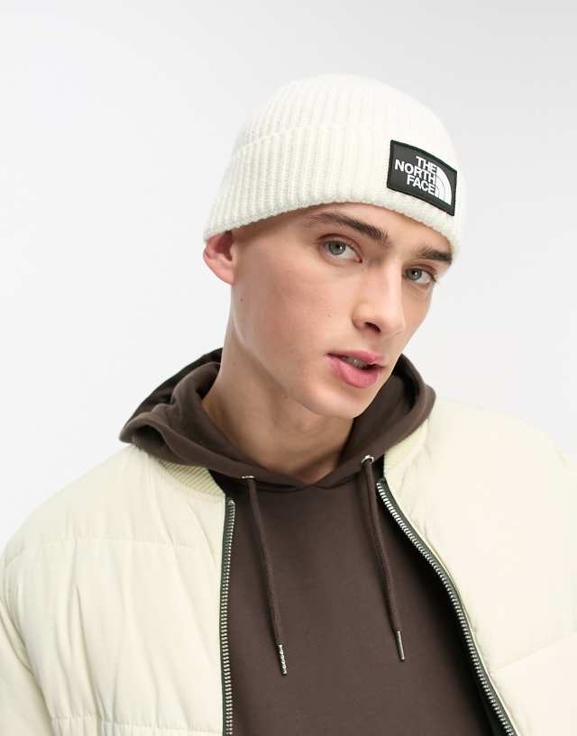 The North Face Box logo cuffed beanie in off white