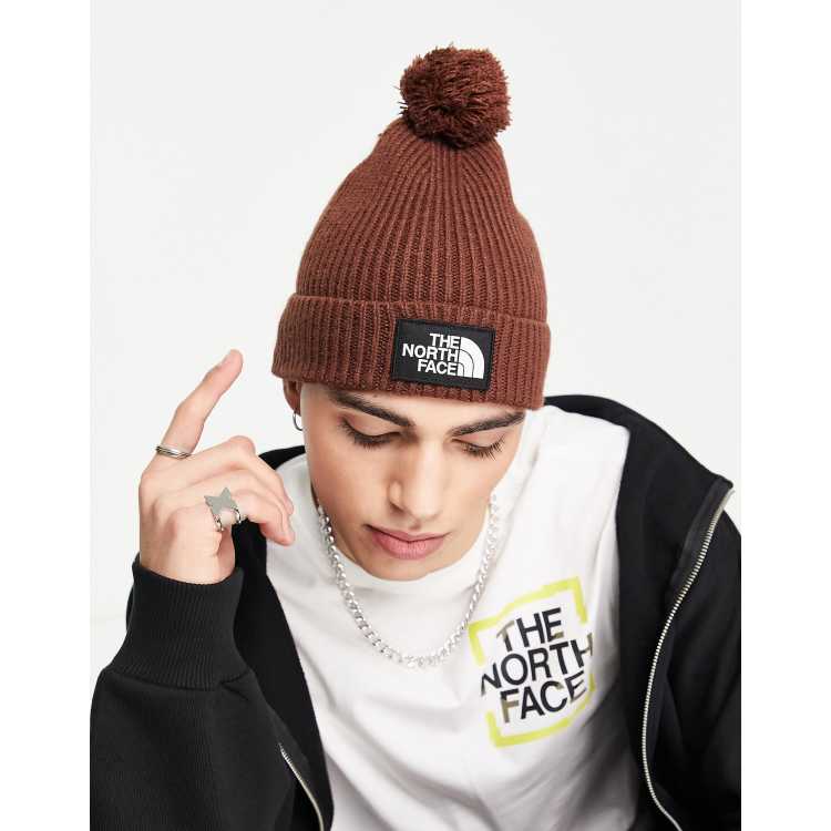 The North Face Box logo pom pom beanie in brown