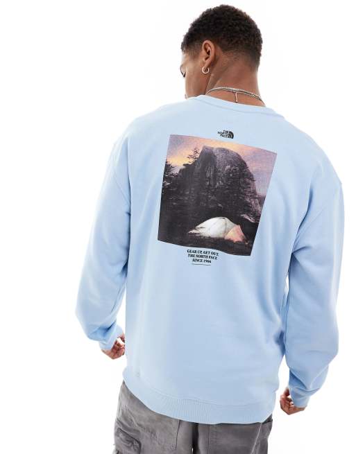 The North Face Camping retro back graphic sweatshirt in steel blue Exclusive at CerbeShops