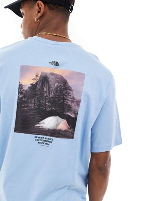 The North Face Camping retro back graphic t-shirt in steel blue Exclusive at ASOS