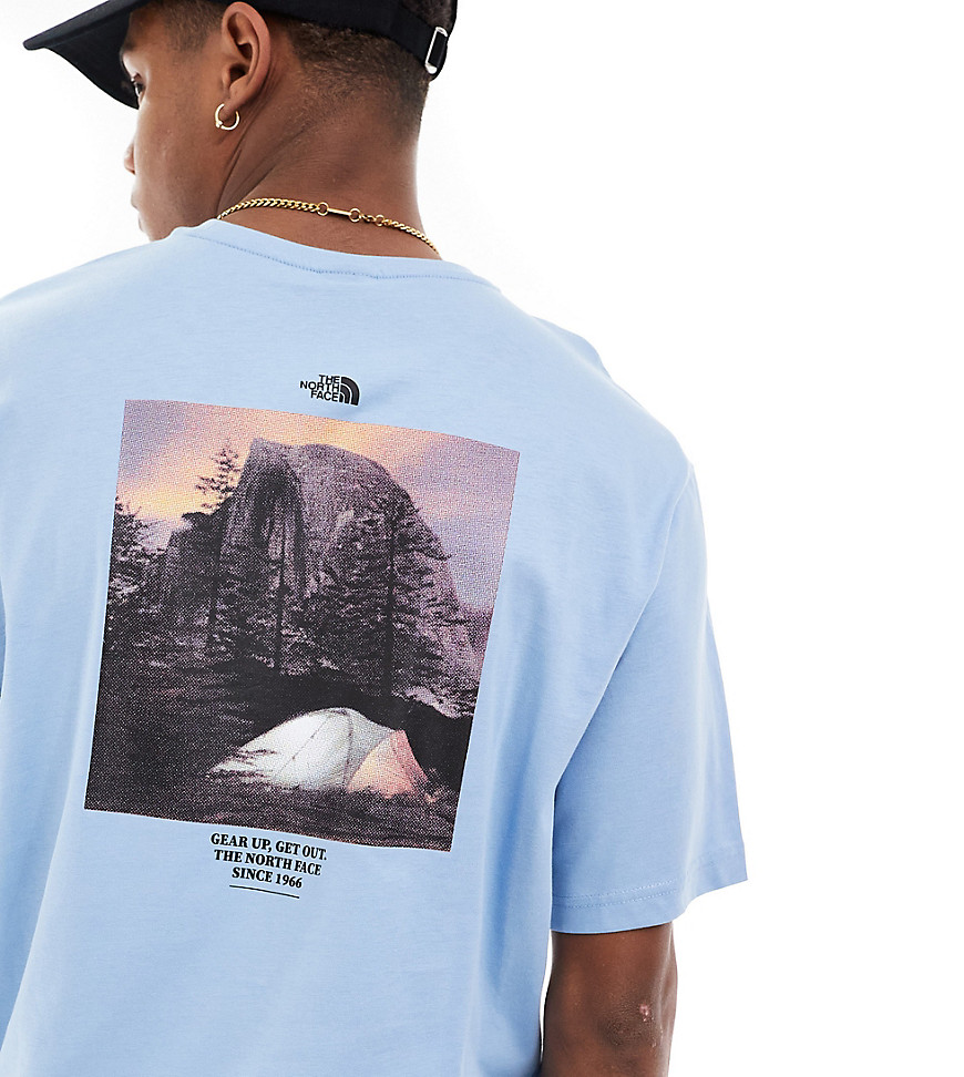 The North Face Camping retro back graphic t-shirt in steel blue Exclusive at ASOS