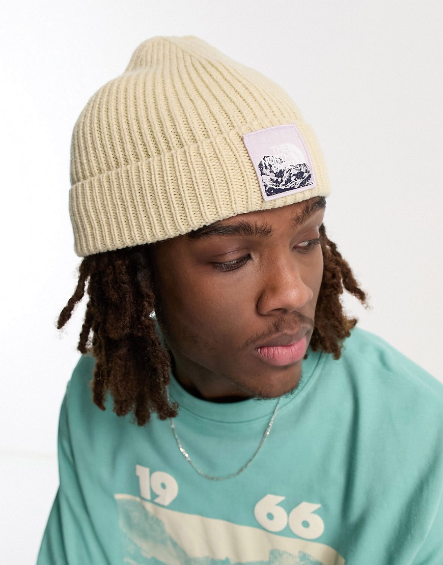 The North Face Cuffed graphic beanie in beige-Neutral