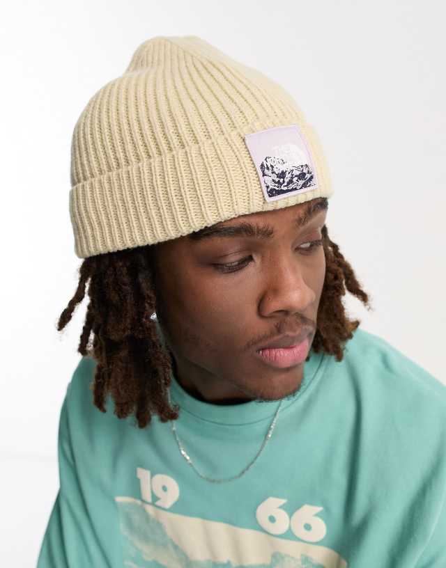 The North Face Cuffed graphic beanie in beige