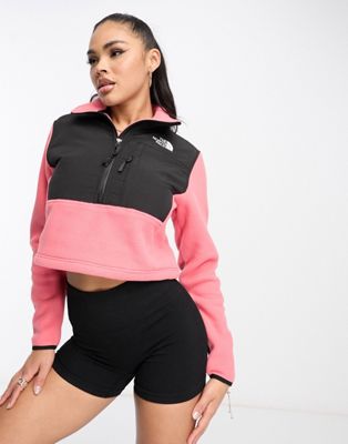 The North Face Denali 1/2 zip cropped fleece in pink and black