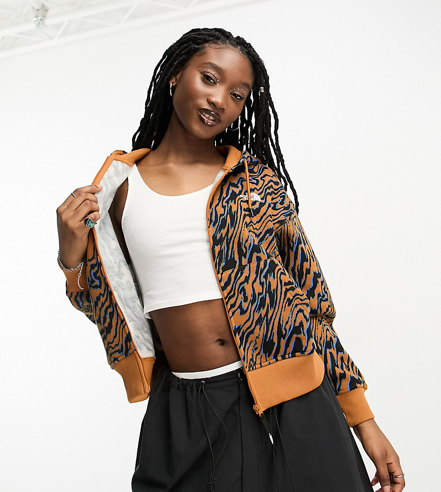 The North Face Essential cropped zip up hoodie in brown marble print Exclusive at ASOS